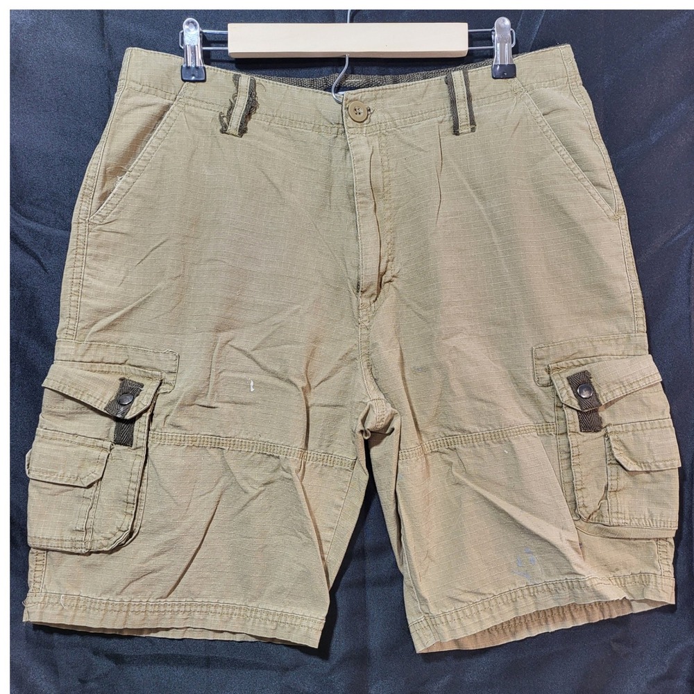 Mens Khaki Ripstop Cargo Shorts Distressed Tan Utility Workwear Pockets*